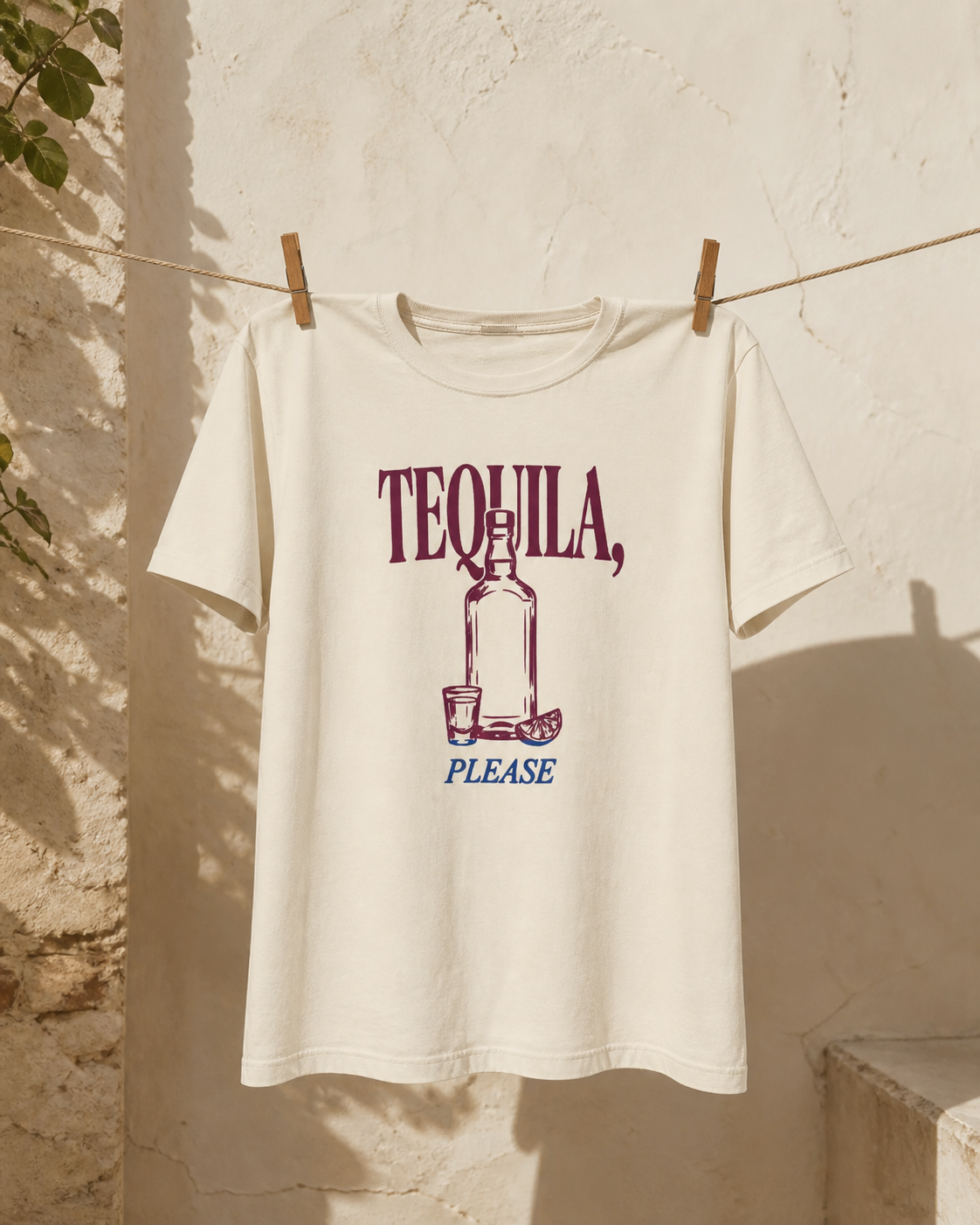 KUADRO 41 Bottle Portrait tee on a clothesline — virtual editorial mockup; see supplier images for garment and print reference.