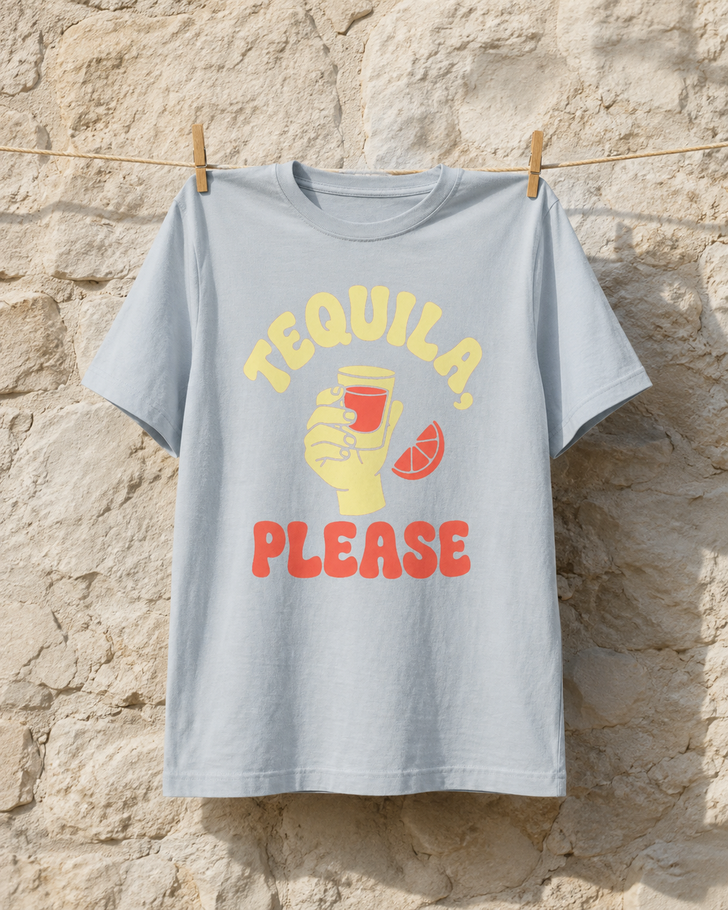 KUADRO 42 Blue Cheers tee on a clothesline — virtual editorial mockup; see supplier images for garment and print reference.