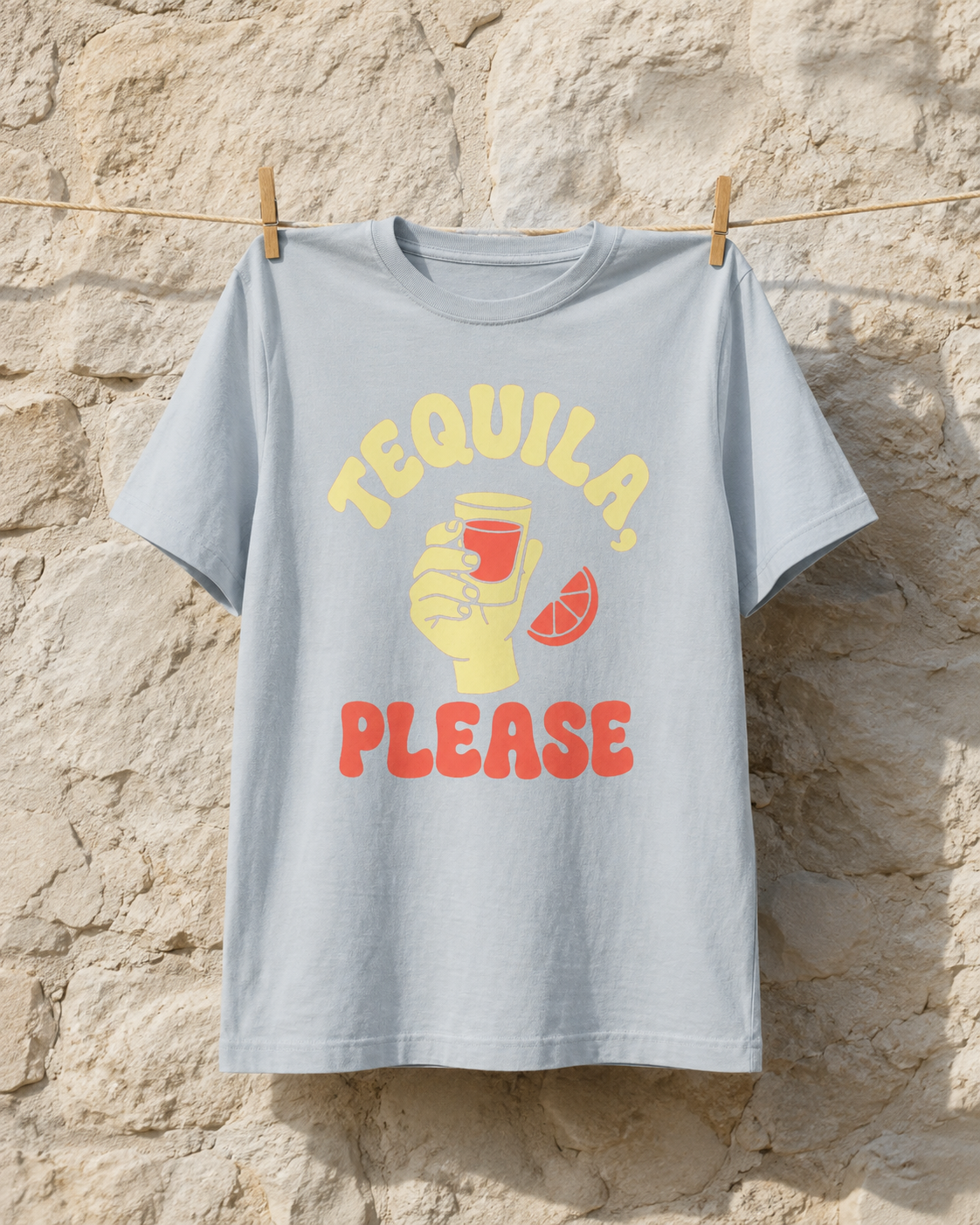 KUADRO 42 Blue Cheers tee on a clothesline — virtual editorial mockup; see supplier images for garment and print reference.