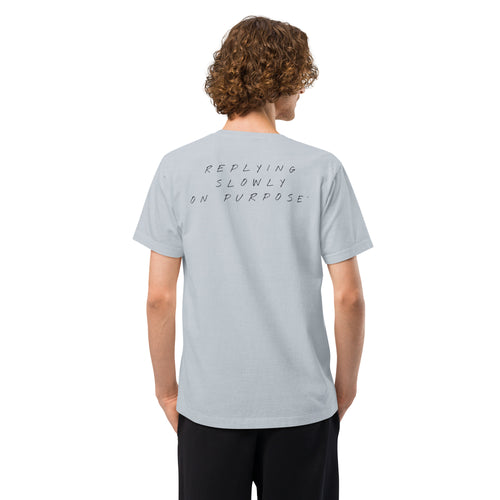 KUADRO 'Replying slowly on purpose' oversized tee in light washed denim — spaced lettering across back