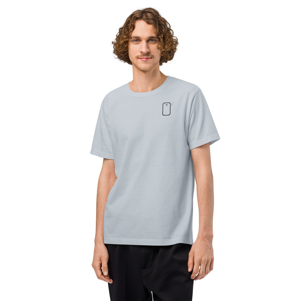 KUADRO 'Replying slowly on purpose' oversized tee in light washed denim — front with sleeping phone symbol