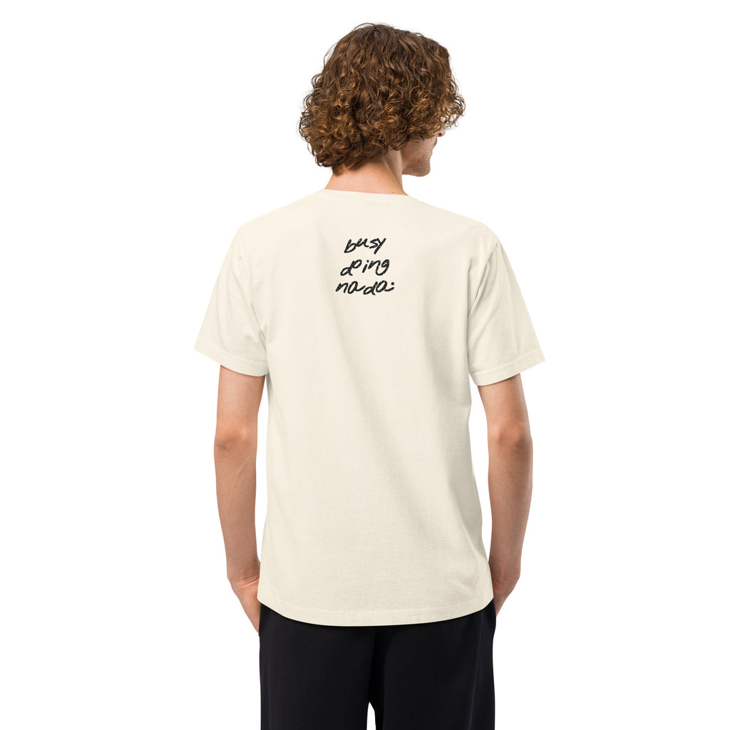 KUADRO 'Busy doing nada' hand-lettered oversized tee in vintage white — model back view with marker phrase