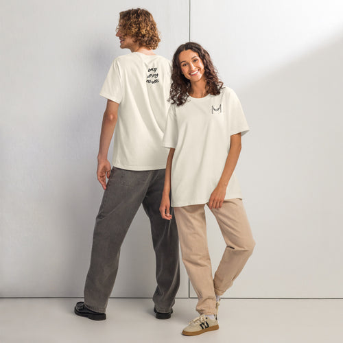 KUADRO 'Busy doing nada' oversized tee in vintage white — front and back on models